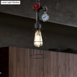 Black Iron Hanging Lamp With Wire Guard Gauge And Valve - Industrial Style