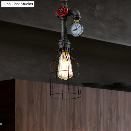 Black Iron Hanging Lamp With Wire Guard Gauge And Valve - Industrial Style