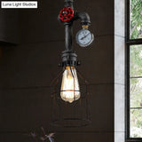 Black Iron Hanging Lamp With Wire Guard Gauge And Valve - Industrial Style
