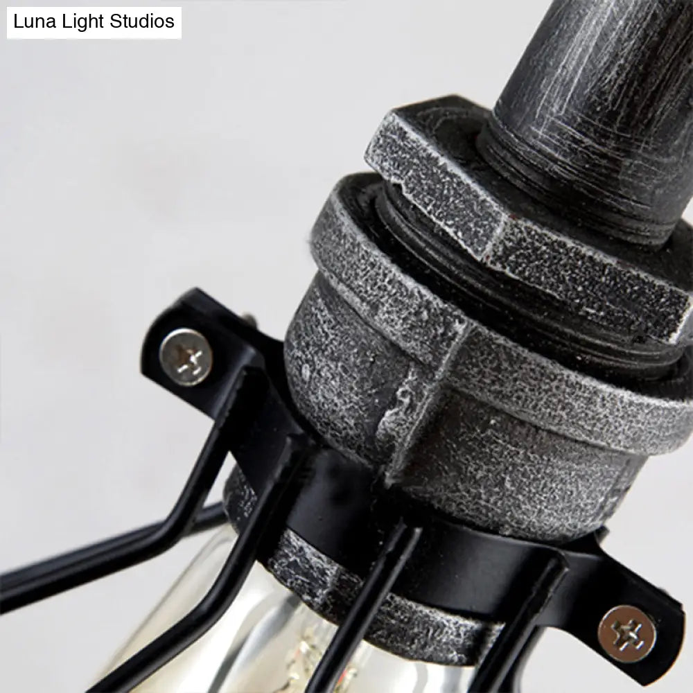 Black Iron Hanging Lamp With Wire Guard Gauge And Valve - Industrial Style