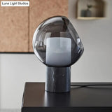 Black Led Table Lamp With Marble Base And Smoked Globe Glass Shade - Postmodern Nightstand Light