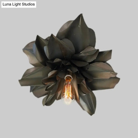 Black Magnolia Shape Flush Mount Ceiling Fixture - Rural Metallic Design 1 Head