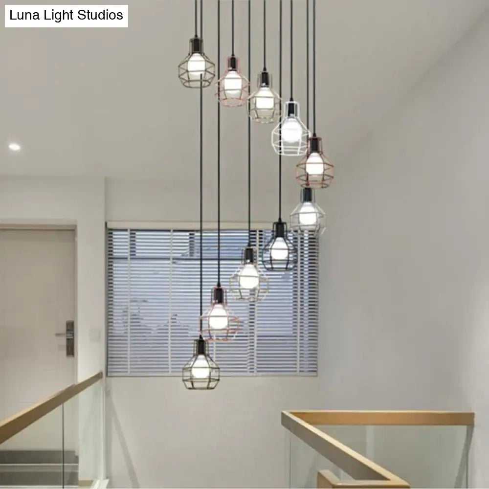 Black Metal 7-Light Pendant Chandelier With Globe Cages - Modern Stairs Ceiling Lamp
