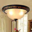 Black Metal Farmhouse Flush Mount Ceiling Lamp With 3 Cream Glass Bowl Shades For Bedroom Lighting