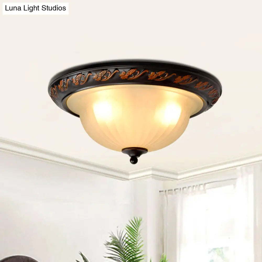 Black Metal Farmhouse Flush Mount Ceiling Lamp With 3 Cream Glass Bowl Shades For Bedroom Lighting