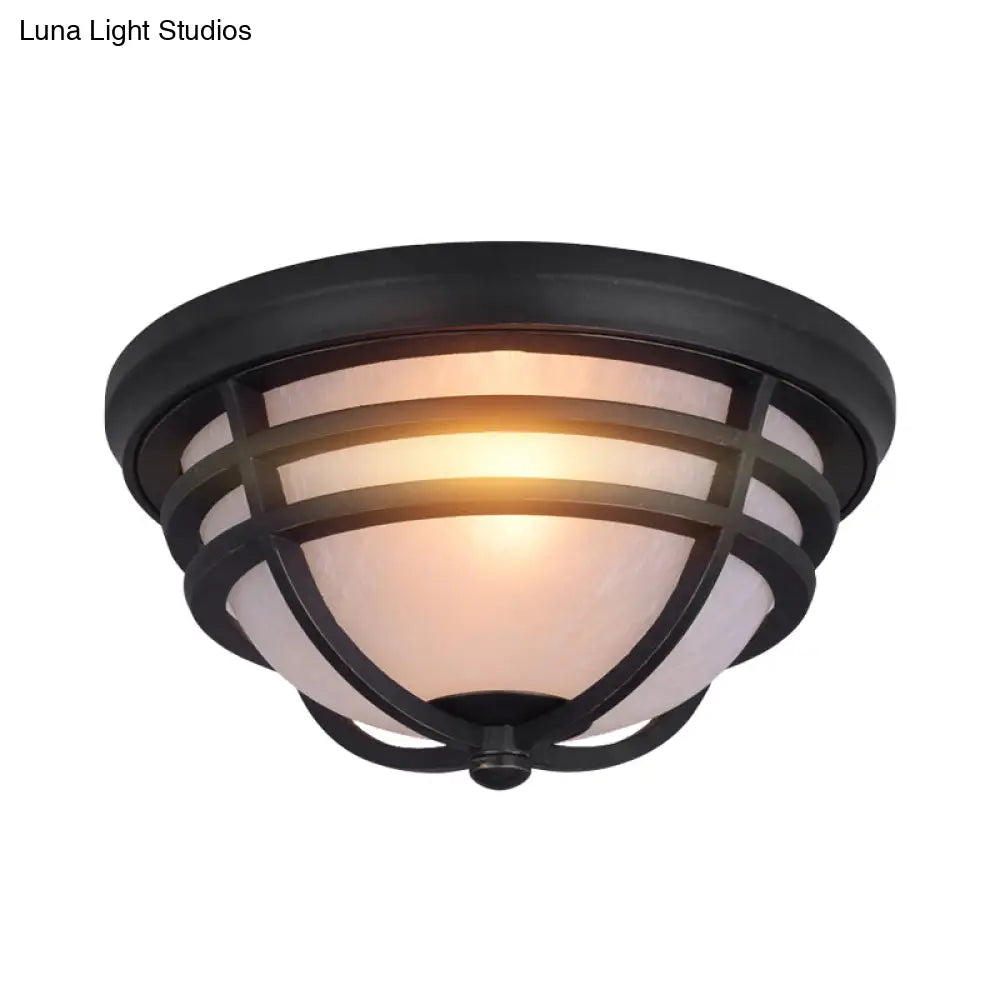 Black Metal Flush Mount Light With Frosted Glass Shade - Industrial Style For Balcony