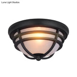Black Metal Flush Mount Light With Frosted Glass Shade - Industrial Style For Balcony