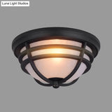 Black Metal Flush Mount Light With Frosted Glass Shade - Industrial Style For Balcony