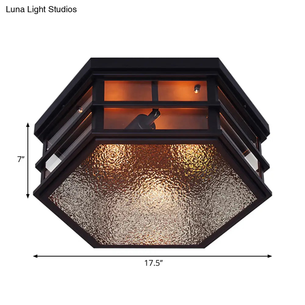 Black Metal Hexagon Flush Mount Ceiling Light With Frosted Glass Diffuser - 2/3 Lights 14’/17’
