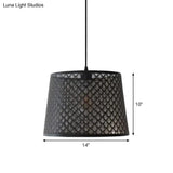 Black Metal Wire Cage Pendant Lamp With Etched Tree Patterned Drum Shade For Dining Room