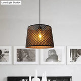 Black Metal Wire Cage Pendant Lamp With Etched Tree Patterned Drum Shade For Dining Room
