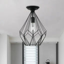 Black Metallic Cage Diamond Ceiling Light Fixture For Corridor - Loft Industrial Style Close To /