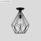 Black Metallic Cage Diamond Ceiling Light Fixture For Corridor - Loft Industrial Style Close To