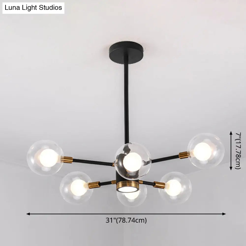 Black Modern Metal Radial Chandelier With Spherical Clear Glass Shade