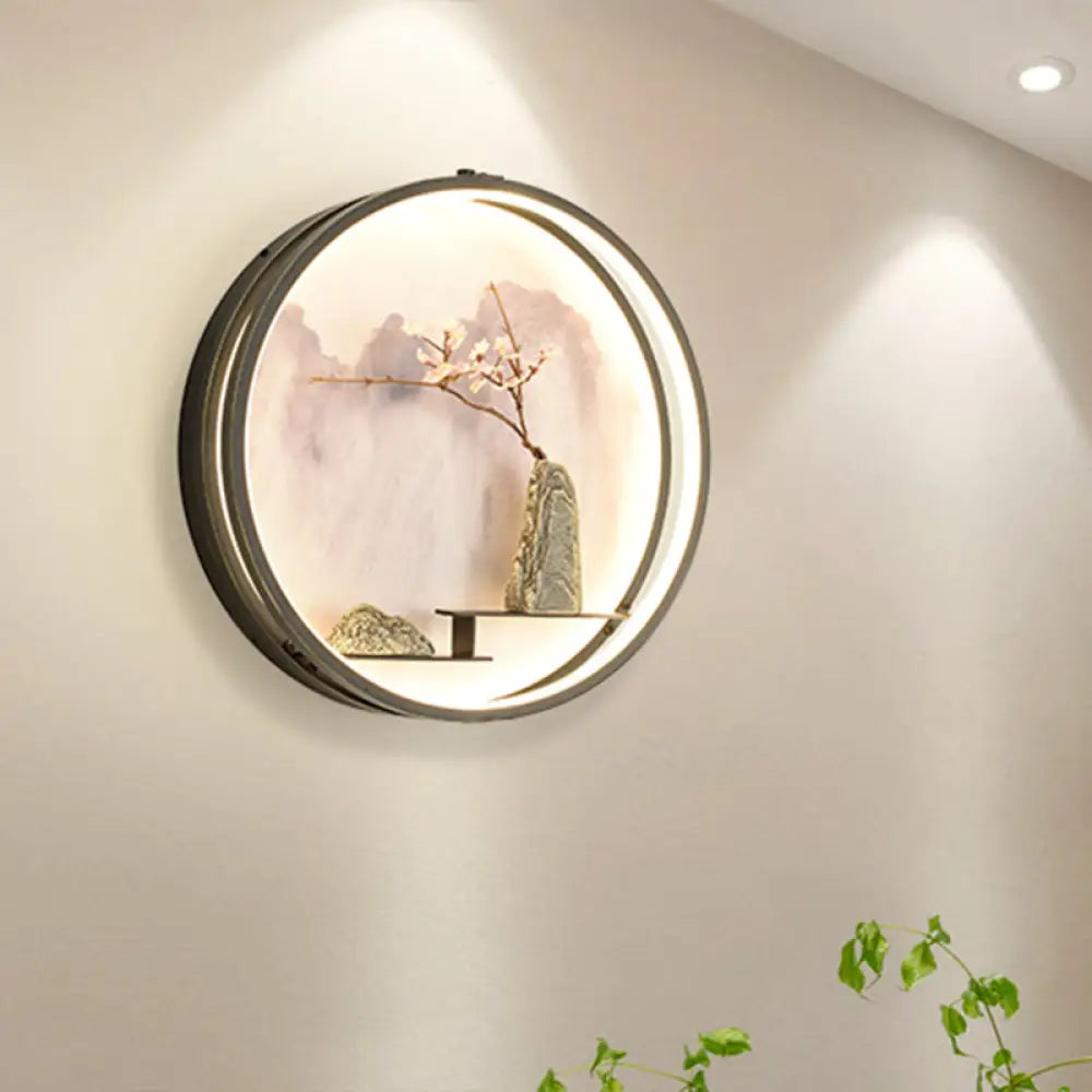 Black Oriental Metal Wall Mounted Led Light With Mountain And Flower Pattern
