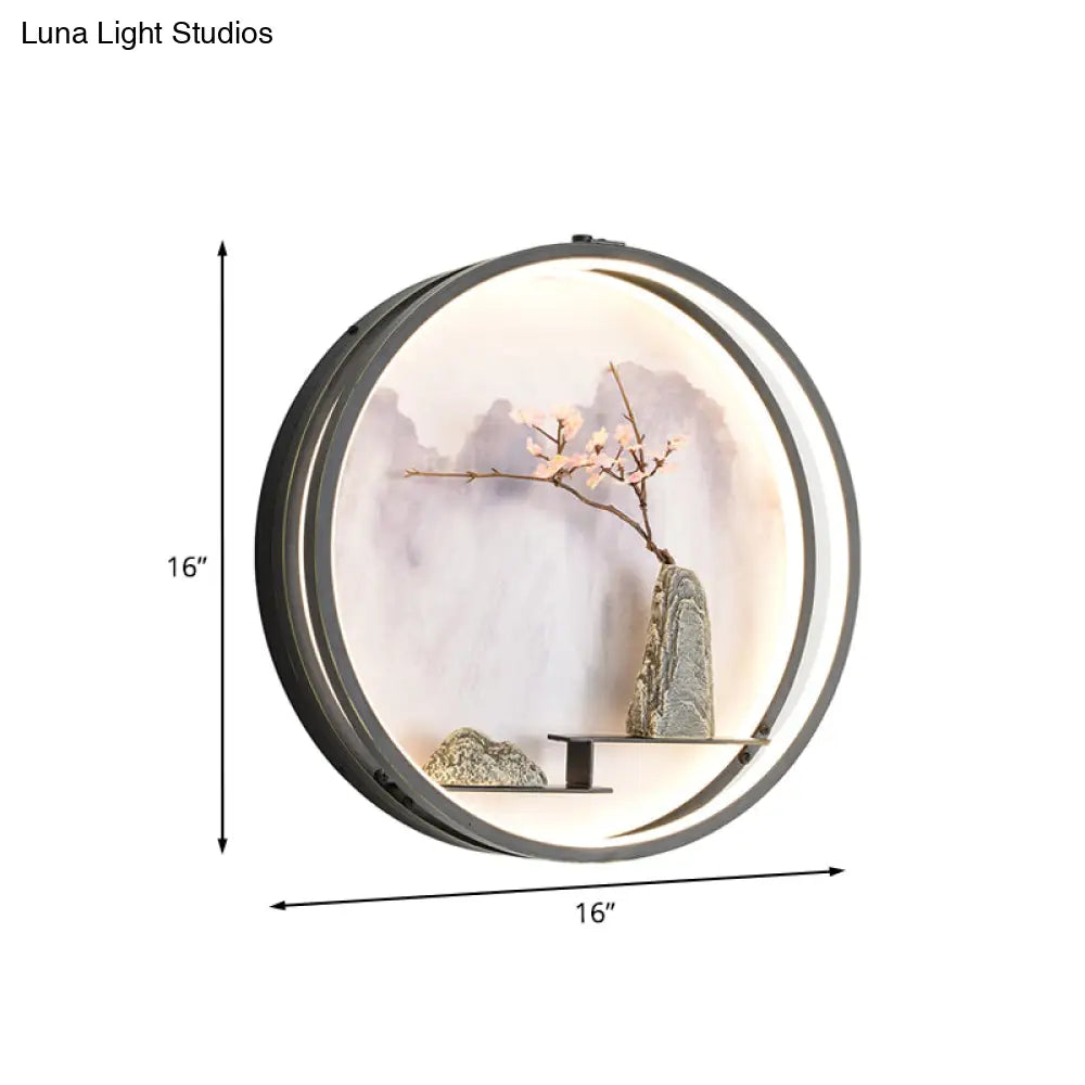Black Oriental Metal Wall Mounted Led Light With Mountain And Flower Pattern