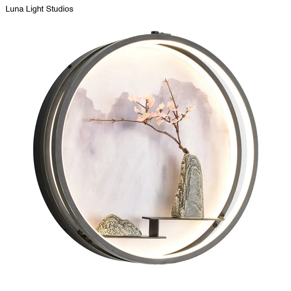 Black Oriental Metal Wall Mounted Led Light With Mountain And Flower Pattern