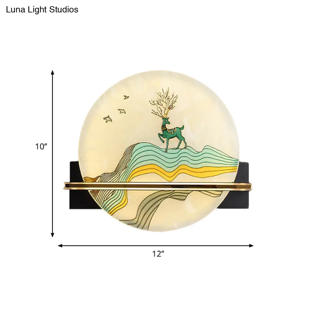Black Oriental Style Led Wall Lamp With Elk Deer/Fish Pattern - Acrylic Surface Rounded Design