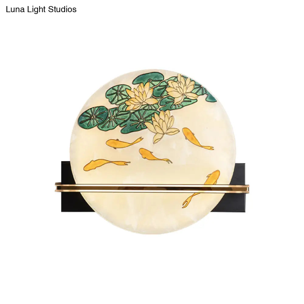 Black Oriental Style Led Wall Lamp With Elk Deer/Fish Pattern - Acrylic Surface Rounded Design