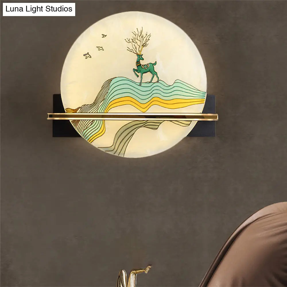 Black Oriental Style Led Wall Lamp With Elk Deer/Fish Pattern - Acrylic Surface Rounded Design