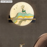 Black Oriental Style Led Wall Lamp With Elk Deer/Fish Pattern - Acrylic Surface Rounded Design