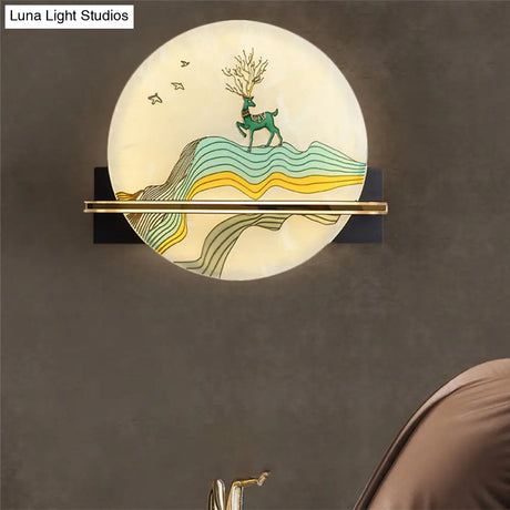 Black Oriental Style Led Wall Lamp With Elk Deer/Fish Pattern - Acrylic Surface Rounded Design