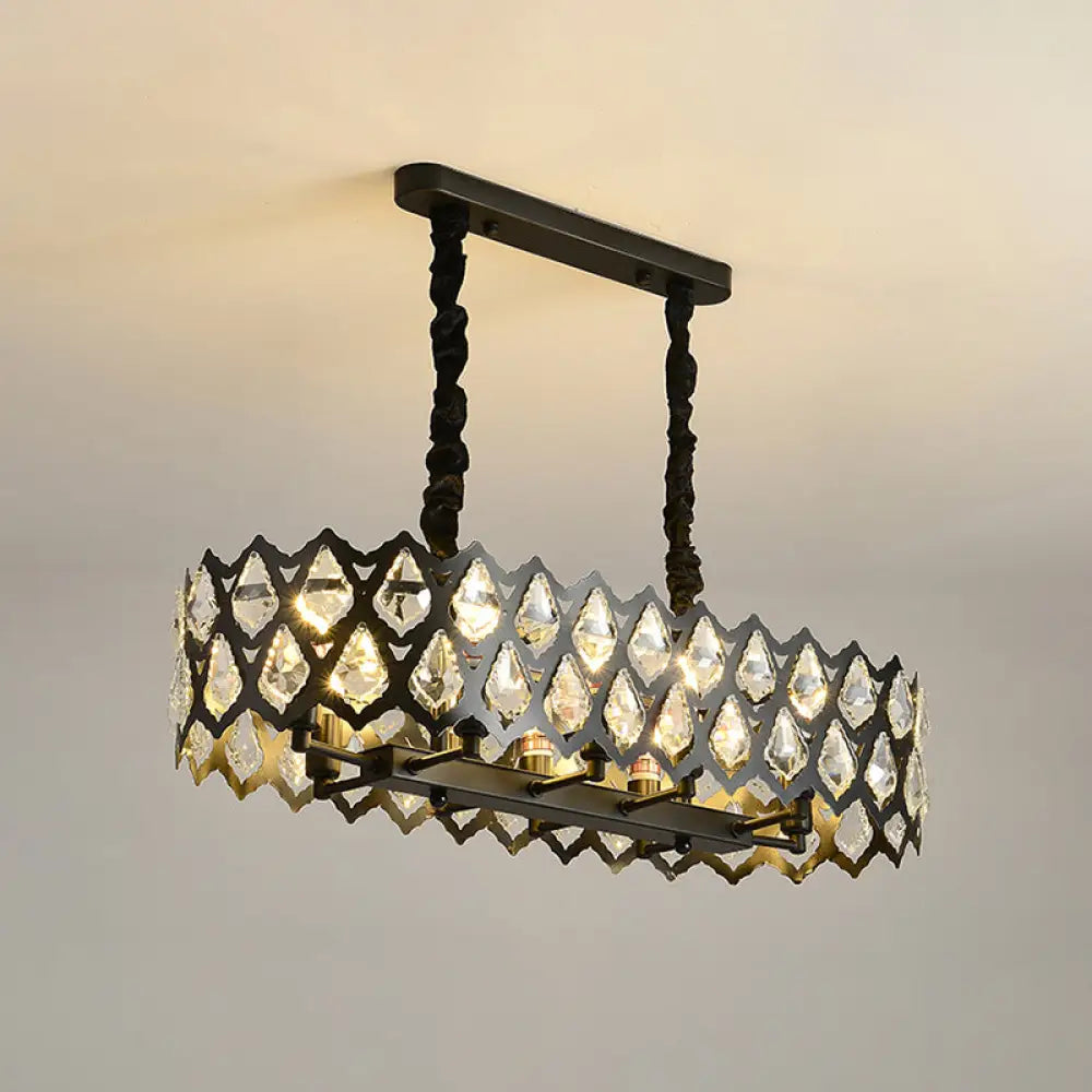 Black Oval Crystal Teardrops Suspension Light - Contemporary Island Pendant With 10/14 Bulbs