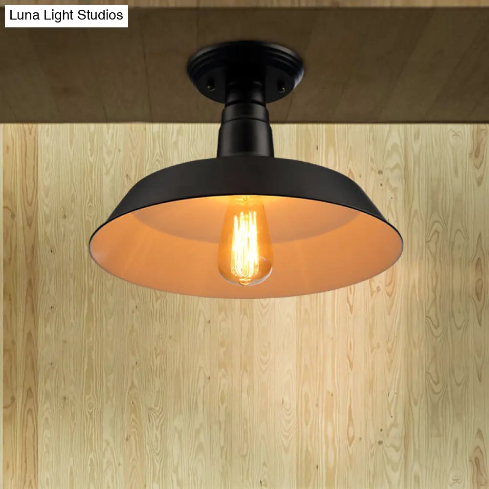 Black/Red Industrial Style Semi Flush Ceiling Light Fixture For Corridor - Metallic Barn Shade