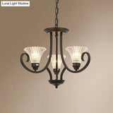 Black Retro Parlor Chandelier With Clear Ribbed Glass & Swirled Arm