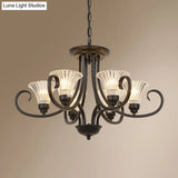 Black Retro Parlor Chandelier With Clear Ribbed Glass & Swirled Arm