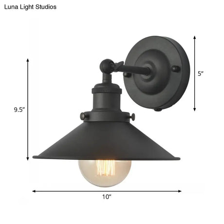 Black Rotatable Wall Light With Vintage Iron Cone Shade - Bedroom Lamp