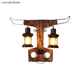 Black Rustic Lantern Sconce Light Fixture With Clear Glass - 2-Light Wall Lamp Wooden Backplate