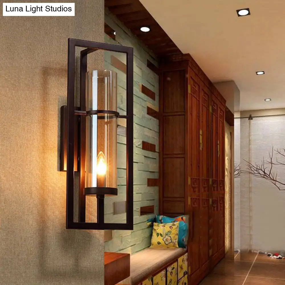 Black Sconce Light Fixture With Amber Glass And Metal Frame - 1-Light Farmhouse Wall Mounted