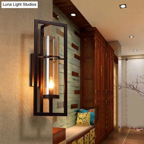 Black Sconce Light Fixture With Amber Glass And Metal Frame - 1-Light Farmhouse Wall Mounted
