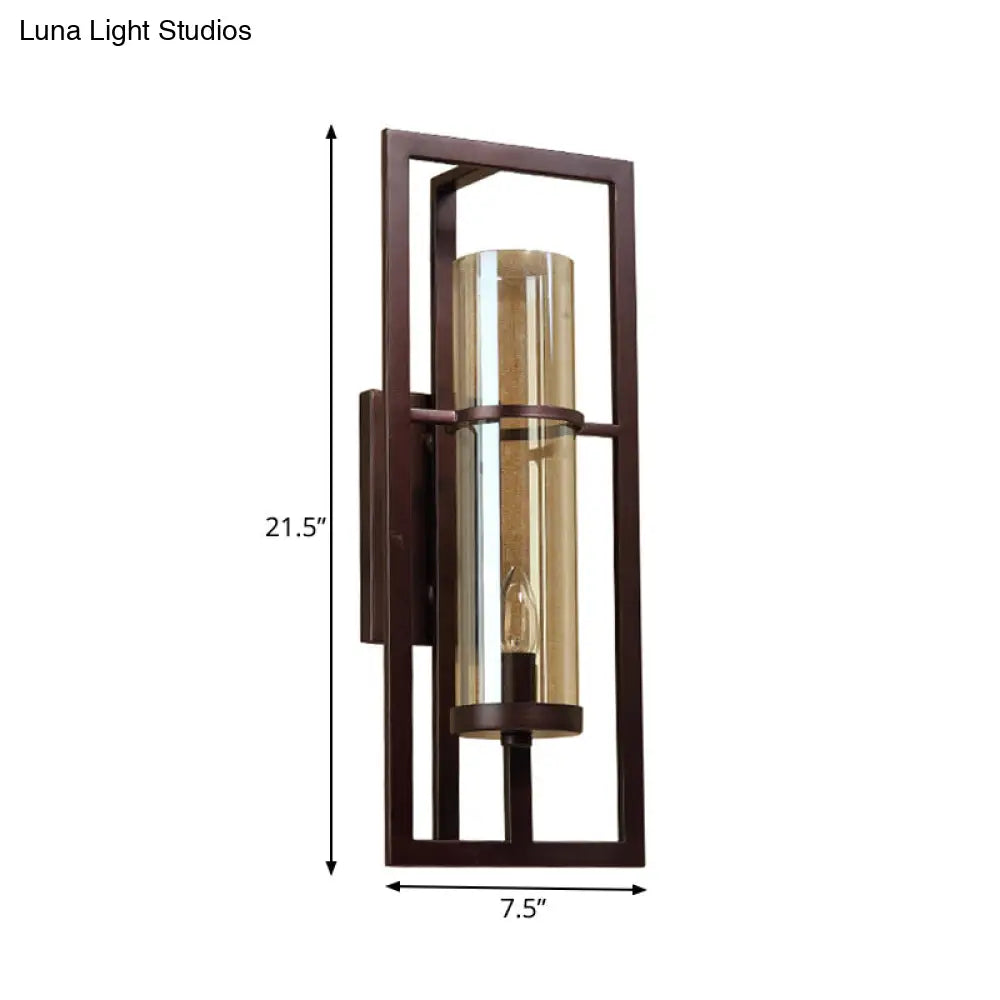 Black Sconce Light Fixture With Amber Glass And Metal Frame - 1-Light Farmhouse Wall Mounted