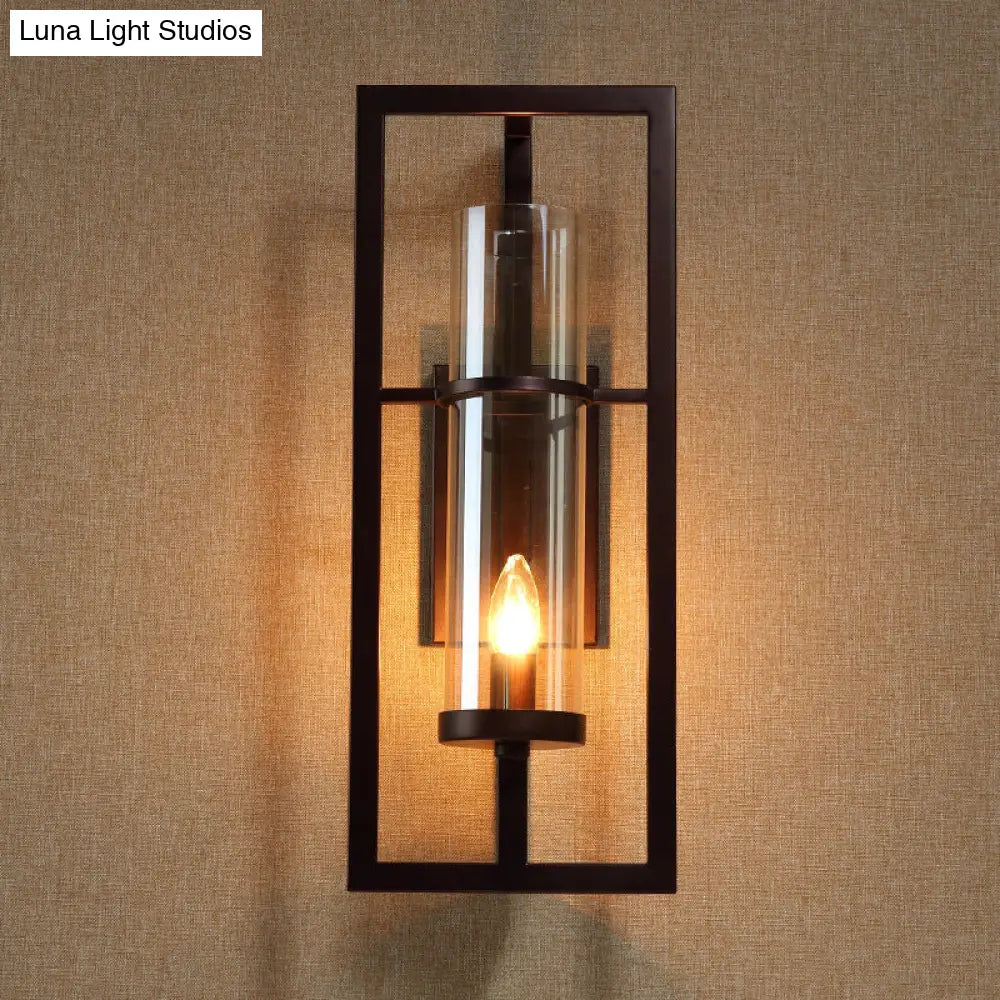 Black Sconce Light Fixture With Amber Glass And Metal Frame - 1-Light Farmhouse Wall Mounted