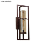 Black Sconce Light Fixture With Amber Glass And Metal Frame - 1-Light Farmhouse Wall Mounted