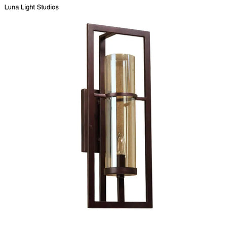 Black Sconce Light Fixture With Amber Glass And Metal Frame - 1-Light Farmhouse Wall Mounted