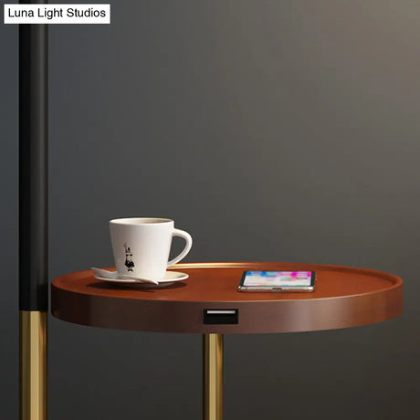 Black Single-Bulb Floor Lamp: Traditional Tapered Shape With Tray & Fabric Standing Light
