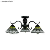 Black Tiffany Style Stained Glass Ceiling Light - 3 - Light Flush Mount For Bedroom