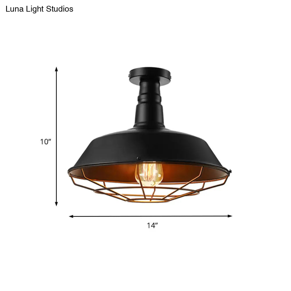 Black Vintage Metal Cage Ceiling Light Semi Flush Mount Indoor 1-Head Lighting With Barn Shade -