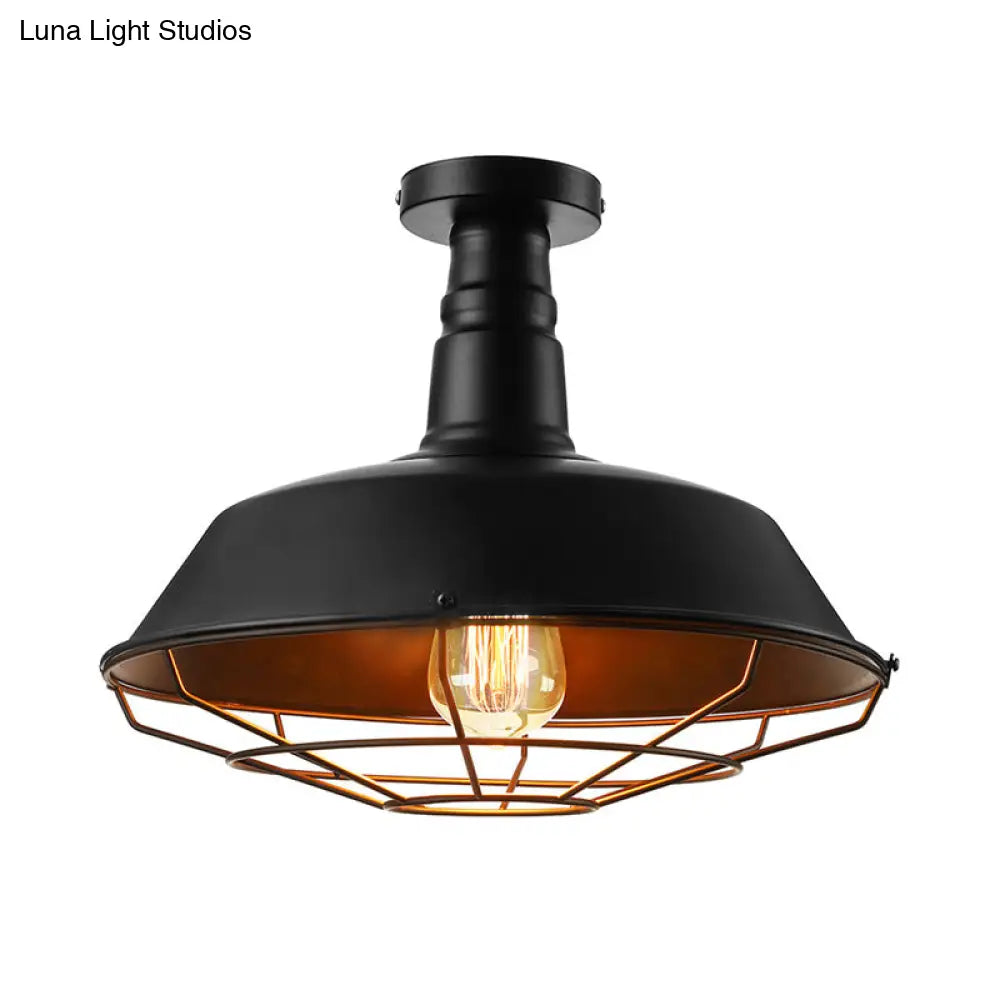 Black Vintage Metal Cage Ceiling Light Semi Flush Mount Indoor 1-Head Lighting With Barn Shade -