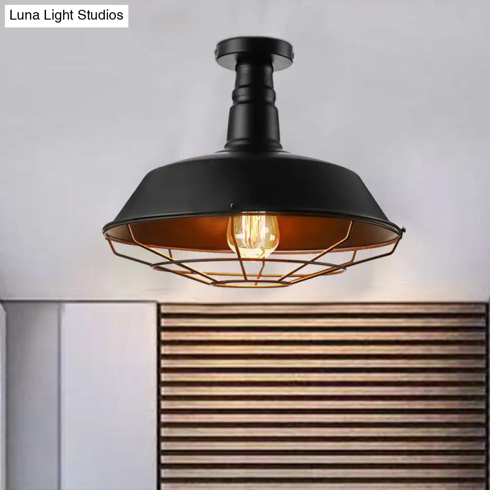 Black Vintage Metal Cage Ceiling Light Semi Flush Mount Indoor 1-Head Lighting With Barn Shade -