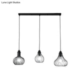 Black Vintage Onion Caged Pendant Light Fixture With 3 Bulbs - Metal Hanging For Restaurants