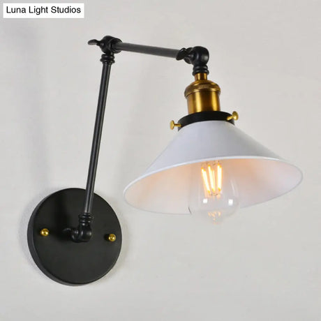 Black/White-Brass Reading Wall Lamp With Swing Arm - Iron Conical 1-Light Factory Lighting
