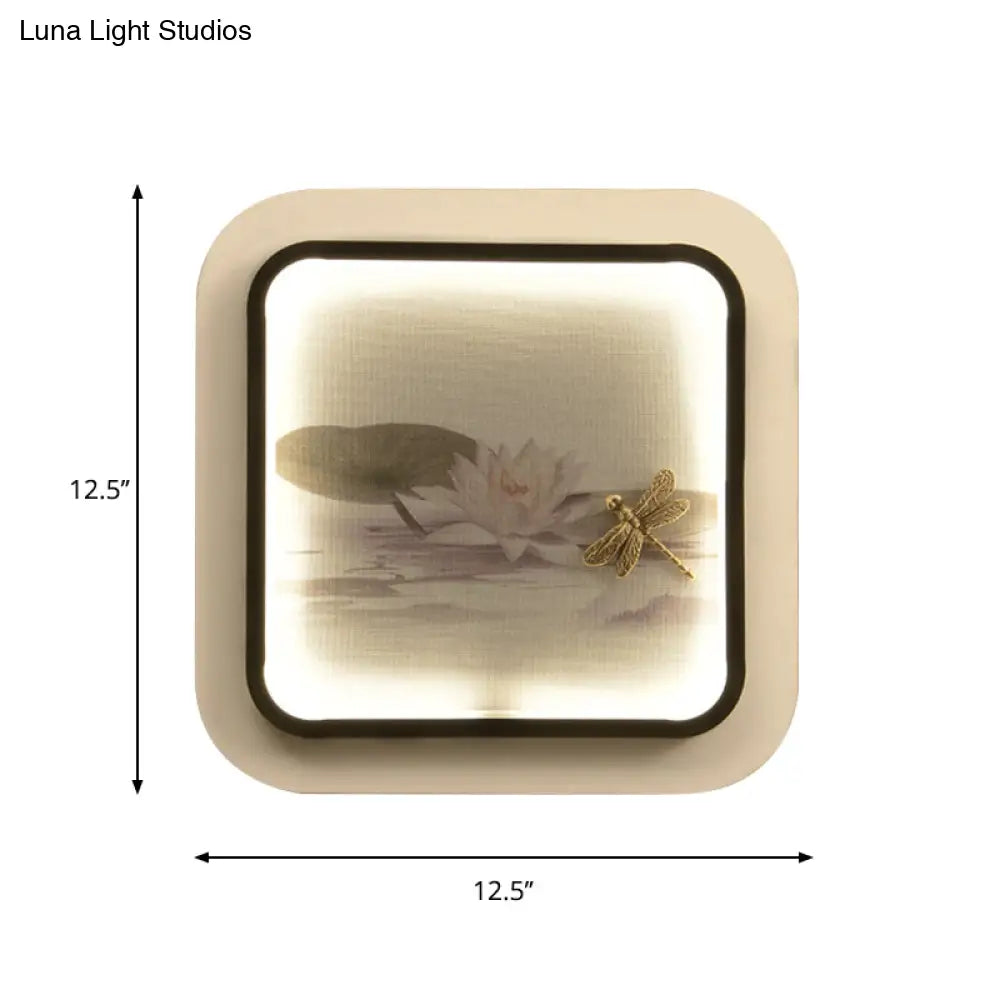 Black & White Chinese Led Wall Light With Lotus Dragonfly Pattern - Square Metal Fixture