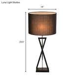 Black/White Drum Desk Lamp - Traditional Fabric 1-Light Bedroom Reading Light
