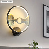 Black/White Round Bridge Wall Mural Led Acrylic Light Fixture Oriental Style