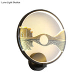 Black/White Round Bridge Wall Mural Led Acrylic Light Fixture Oriental Style