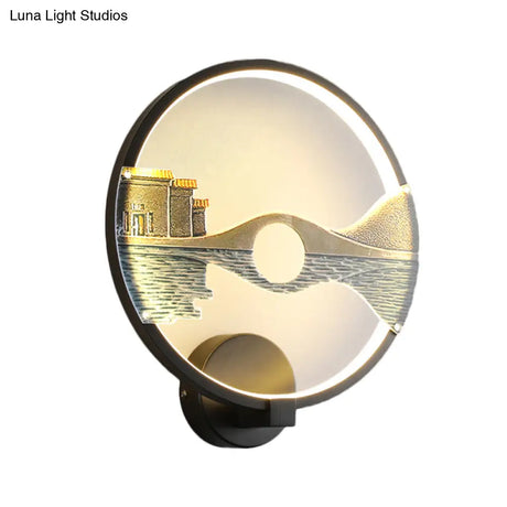 Black/White Round Bridge Wall Mural Led Acrylic Light Fixture Oriental Style